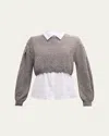 Cinq À Sept Landry Combo Knit Pullover Top In Heather Grey/wh