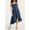 Cinq À Sept Larsa Belted Sleeveless Asymmetric Denim Midi Dress In Blue