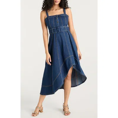 Cinq À Sept Larsa Belted Sleeveless Asymmetric Denim Midi Dress In Blue