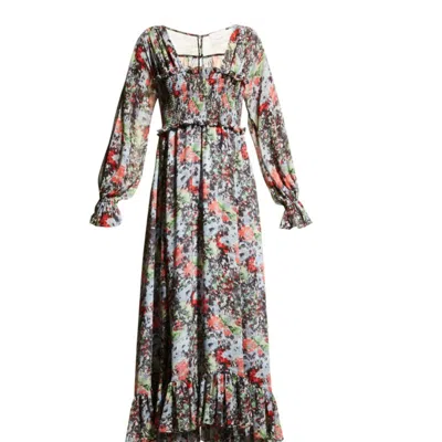 CINQ À SEPT LEIGH FLORAL SQUARE NECK LONG SLEEVE SMOCKED MAXI LENGTH DRESS MULTI