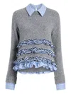 Cinq À Sept Leina Ruffled Striped Sweater In Gray