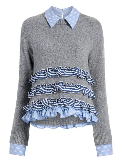 CINQ À SEPT LEINA RUFFLED STRIPED SWEATER