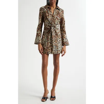 Cinq À Sept Leopard Print Long Sleeve Denim Dress In Brown