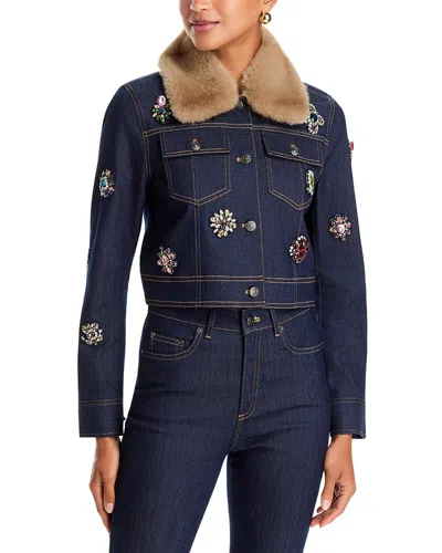 Cinq À Sept Cinq A Sept Lexie Baroque Patches Faux Fur Collar Denim Jacket In Blue