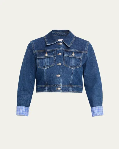 Cinq À Sept Lexie Gingham-cuff Cropped Denim Jacket In Blue