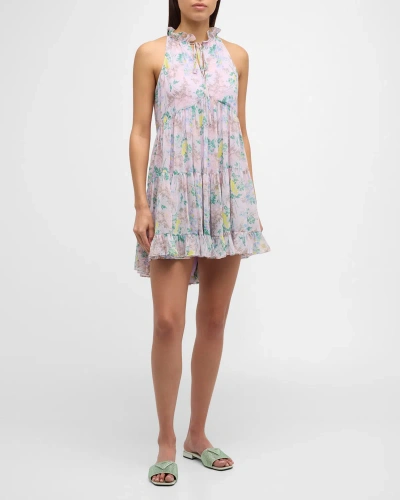 Cinq À Sept Light Washed Floral Walker Tiered Sleeveless Mini Dress In Pastel Multi
