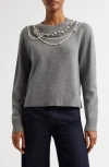 Cinq À Sept Lilliana Necklace Detail Wool Blend Pullover Sweater In Light Heather Grey