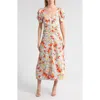 Cinq À Sept Ximena Draped Floral Puff-sleeve V-neck Midi Dress In Ivory Multi