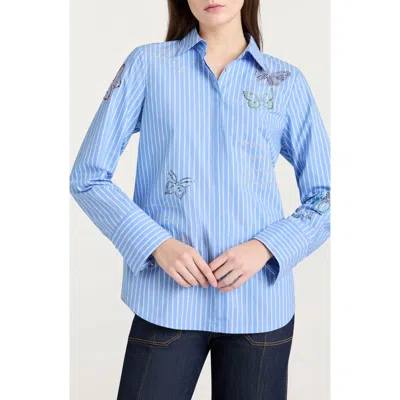 Cinq À Sept Lisa Beaded Butterfly Stripe Cotton Blend Button-up Shirt In Blue
