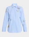 Cinq À Sept Lisa Beaded Butterfly Stripe Cotton Blend Button-up Shirt In Blue