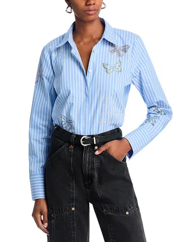 Cinq À Sept Ruby Ruffled Crop Back Long-sleeve Stripe Shirt In French Blue