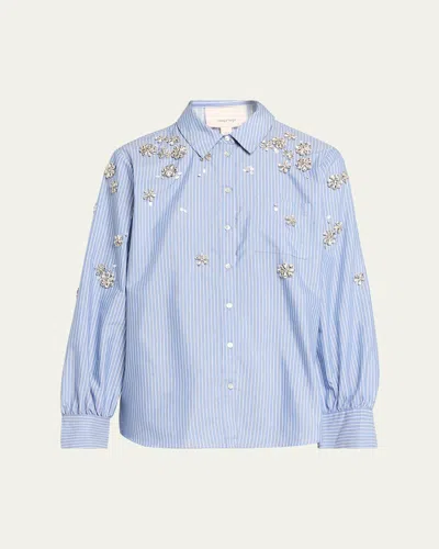 Cinq À Sept Lola Pinstripe Embellished Shirt In Blue