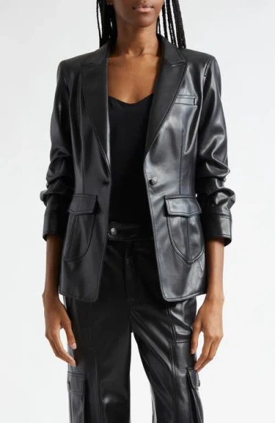 Cinq À Sept Louisa Scrunched Sleeve Faux Leather Blazer In Black