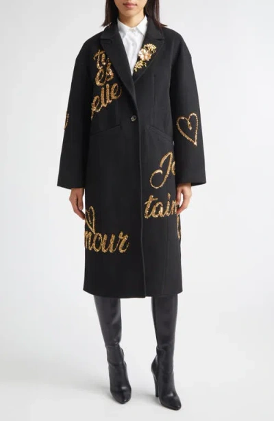 Cinq À Sept Love Letter Sequin Coat In Black