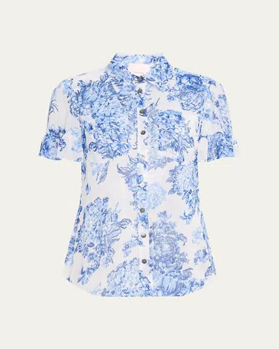 Cinq À Sept Lyra Costal Bouquet Short-sleeve Top In Blue