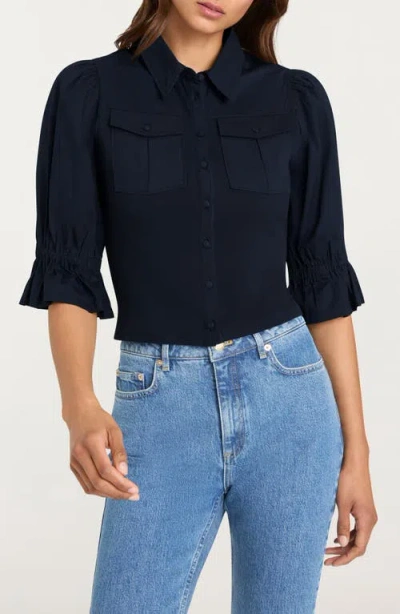 Cinq À Sept Lyric Mixed Media Stretch Cotton Button-up Shirt In Blue