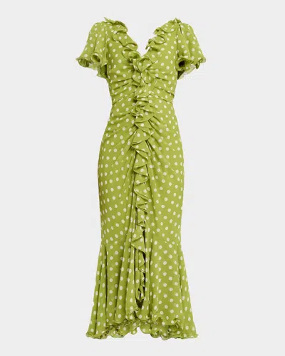 Cinq À Sept Madga Drop-waist Camille Polka Dot Midi Dress In Green
