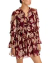 Cinq À Sept Mae Floral Print Ruffle Long Sleeve Chiffon Minidress In Burgundy