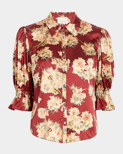 Cinq À Sept Mae Bouquet Satin Puff-sleeve Shirt In Brown