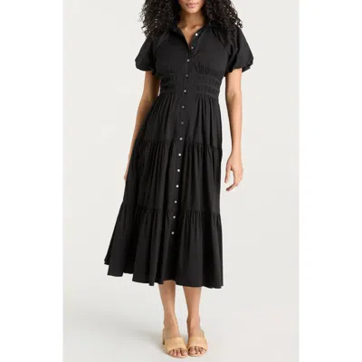 Cinq À Sept Maggio Puff Sleeve Stretch Poplin Midi Dress In Black