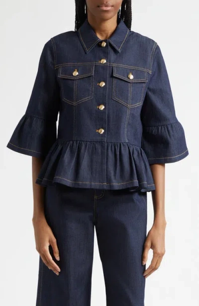 Cinq À Sept Mandie Denim Peplum Shirt Jacket In Blue