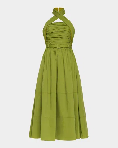 Cinq À Sept Marcie Crossover Halter Belted Midi Dress In Green