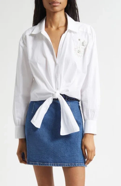 Cinq À Sept Marianna Beaded Floral Appliqué Tie Front Shirt In White