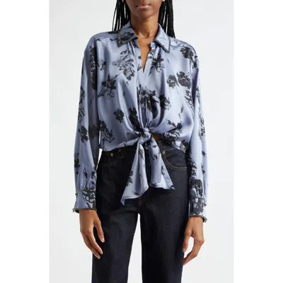 Cinq À Sept Marianna Floral Embellished Tie Front Top In Rustic Blue Multi