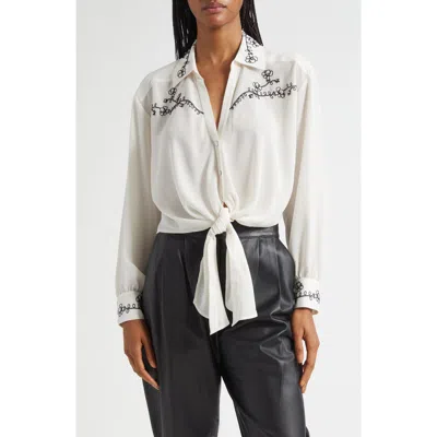 Cinq À Sept Marnna Embellished Tie Front Shirt In Gray