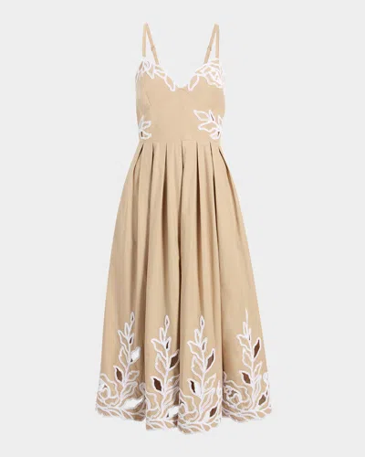 Cinq À Sept Maude Sleeveless Embroidered Midi Dress In Khaki/white