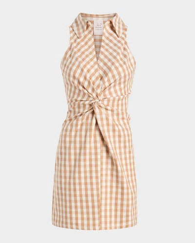 Cinq À Sept Mckenna Gingham Twist-front Mini Dress In Sahara/light Plaster