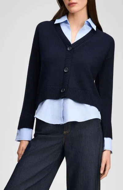 Cinq À Sept Megan Mixed Media Pullover Sweater In Navy/raincloud