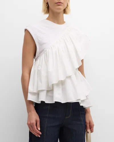 Cinq À Sept Micki Asymmetric Ruffle Sleeveless Cotton Top In White