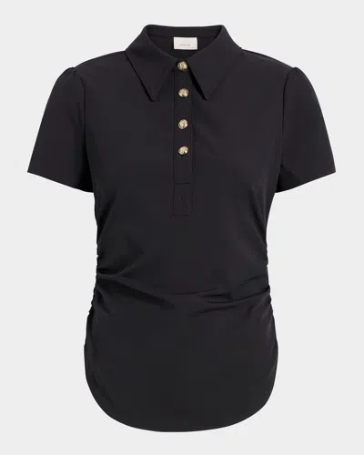 Cinq À Sept Milos Ruched Short-sleeve Polo Top In Black