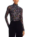 Cinq À Sept Mini Hana Floral Shirred Mesh Turtleneck In Black In Black Multi