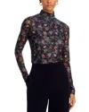 Cinq À Sept Mini Hana Floral Shirred Mesh Turtleneck In Black In Multi