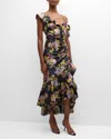 Cinq À Sept Nara One-shoulder Ruffled Floral Midi Dress In Black Multi
