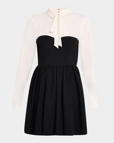 Cinq À Sept Naska Long-sleeve Tie-neck Mini Dress In Black/ivory