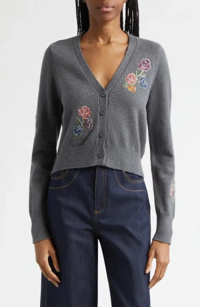 Cinq À Sept Nikko Floral Ribbons Cotton Blend Cardigan In Gray