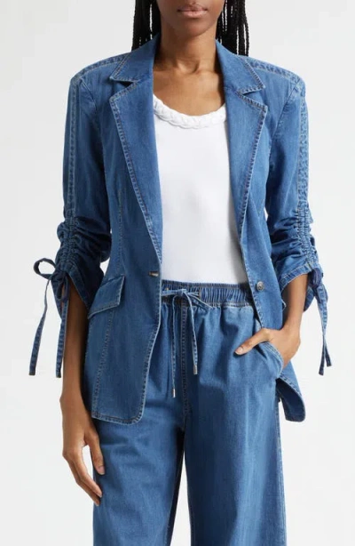 Cinq À Sept Norah Ruched Sleeve Denim Blazer In Blue