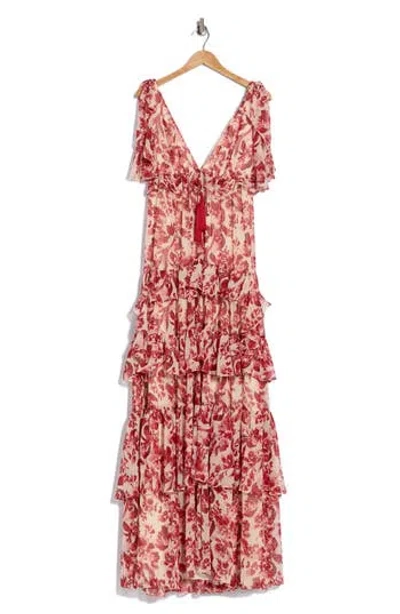 Cinq À Sept Omelia Floral Flutter Sleeve Tiered Chiffon Gown In Multi