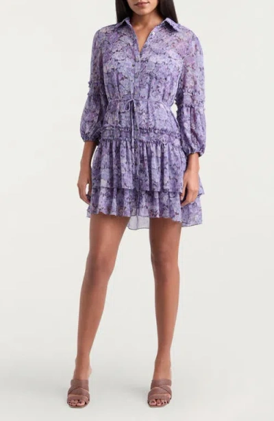 Cinq À Sept Painted Hydrangea Marsea Ruffle Chiffon Shirtdress In Lilac Wine Multi
