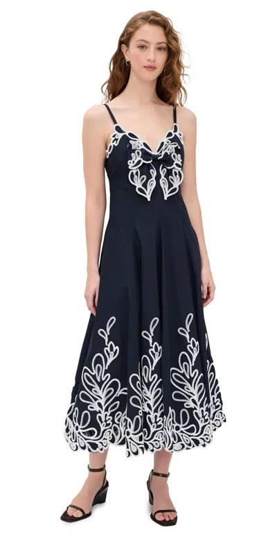 Cinq À Sept Paisley Bloom Embroidered Bow-detail Midi Dress In Blue