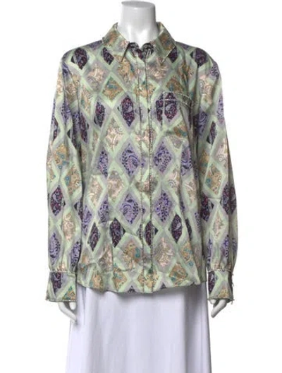 Pre-owned Cinq À Sept Paisley Print Long Sleeve Blouse In Green