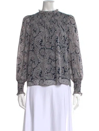 Pre-owned Cinq À Sept Paisley Print Mock Neck Blouse In Blue
