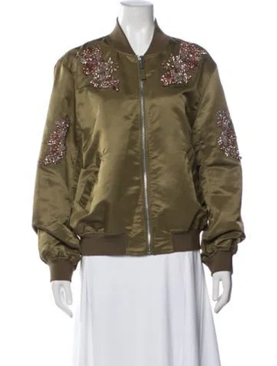 Pre-owned Cinq À Sept Patterned Bomber Jacket In Green