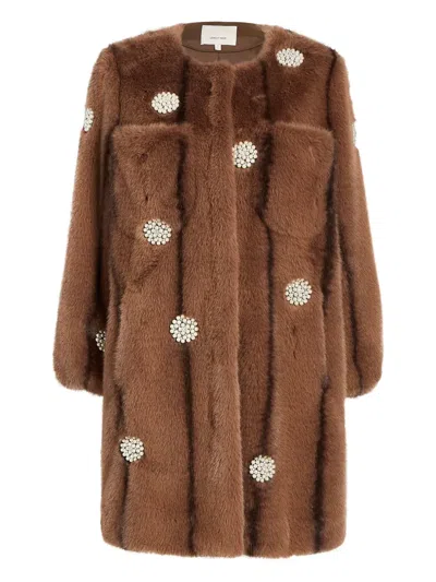 CINQ À SEPT PEARL-EMBELLISHED FAUX-FUR COAT