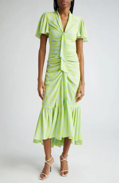 Cinq À Sept Cinq A Sept Graphic Floral Peeta Dress In Serene Sky Fresh Lime