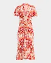 Cinq À Sept Peeta Ruched Damask Midi Dress In Pink Poppy Mult