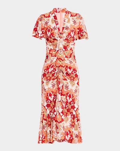 Cinq À Sept Peeta Ruched Damask Midi Dress In Pink Poppy Mult